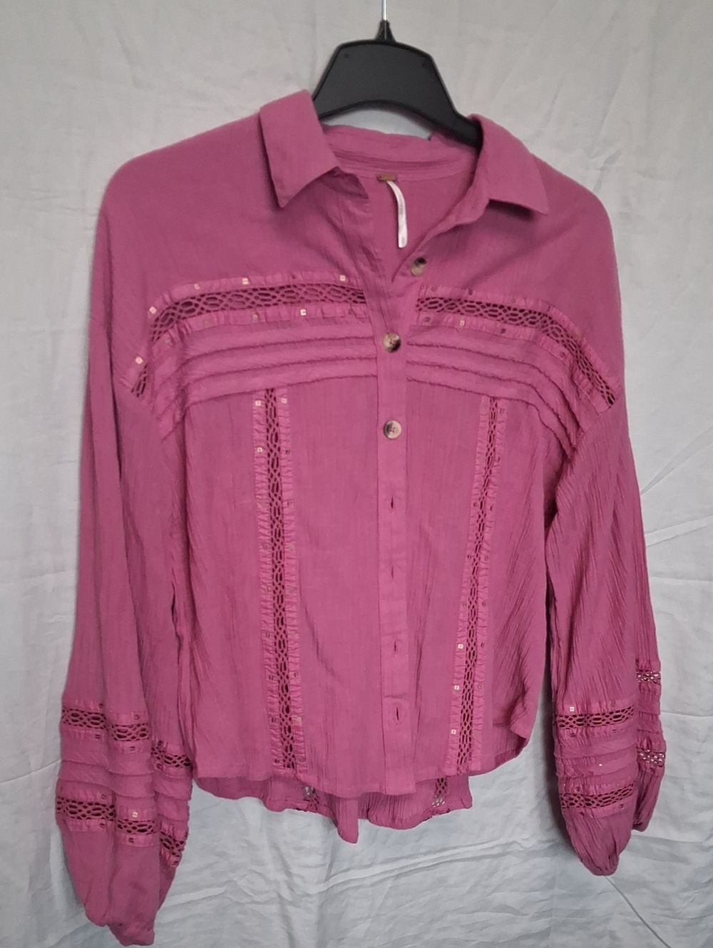 Free People Mauve Button-Front Lace Inset Blouse